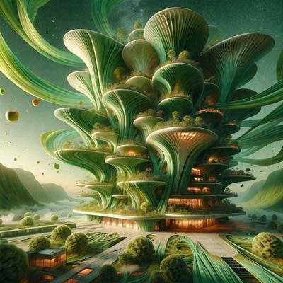 The primary subject of the image is a large, intricate, and colorful mushroom-like structure. The setting is a lush, green environment, with a mountainous backdrop. The visual style is a combination of digital art and illustration, creating a vibrant and imaginative scene. The colors and mood are lively and whimsical, with a focus on the vibrant greenery and the unique, mushroom-like design of the structure.